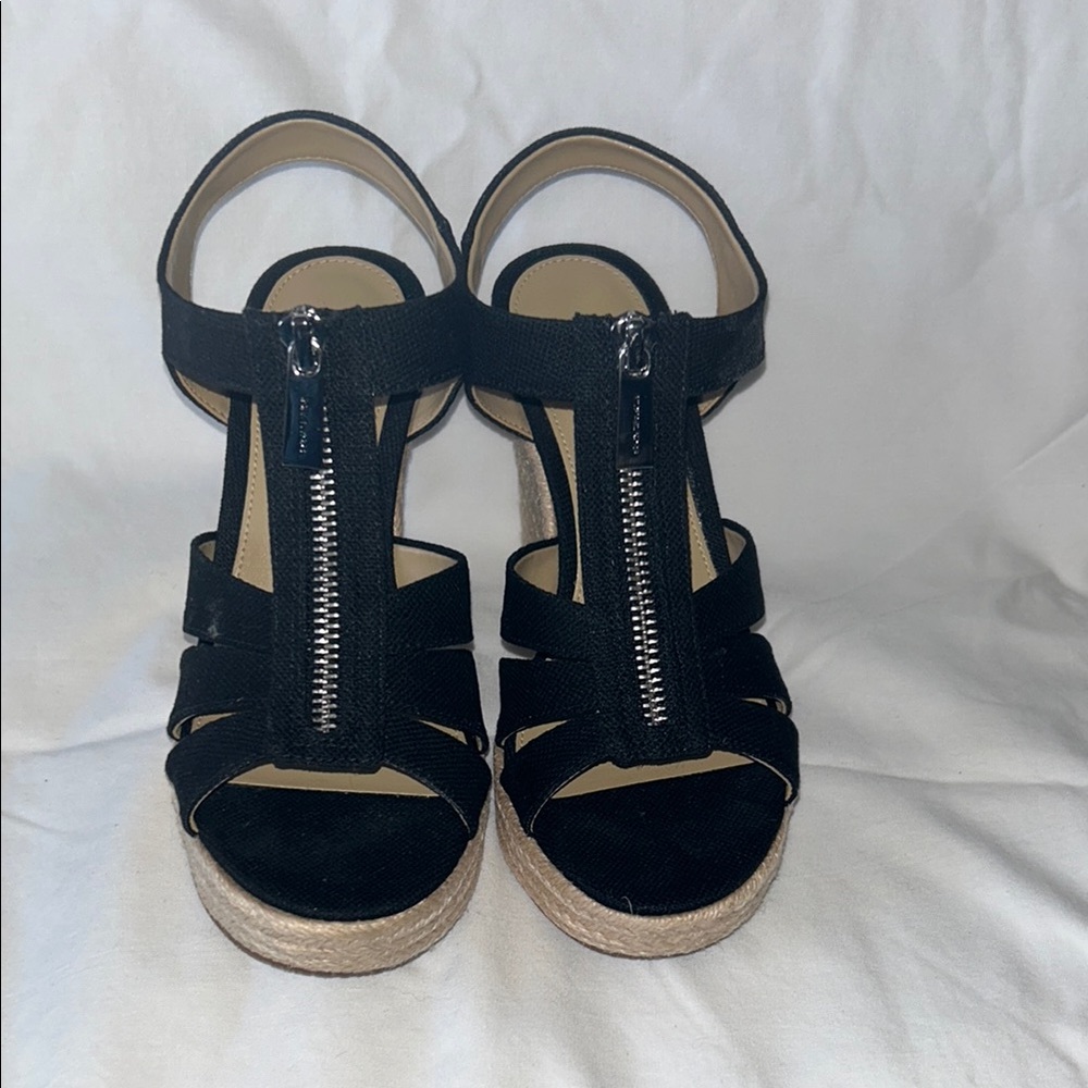 Michael Kors Black Wedge Sandals with Zipper Detail